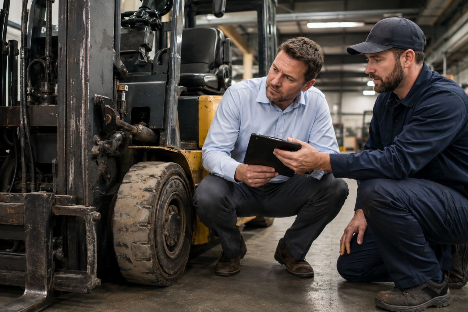 Fleet manager and forklift technician inspecting a worn warehouse forklift during a maintenance agreement review