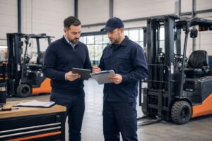 Forklift service technician reviewing maintenance agreement details with a fleet manager inside a warehouse