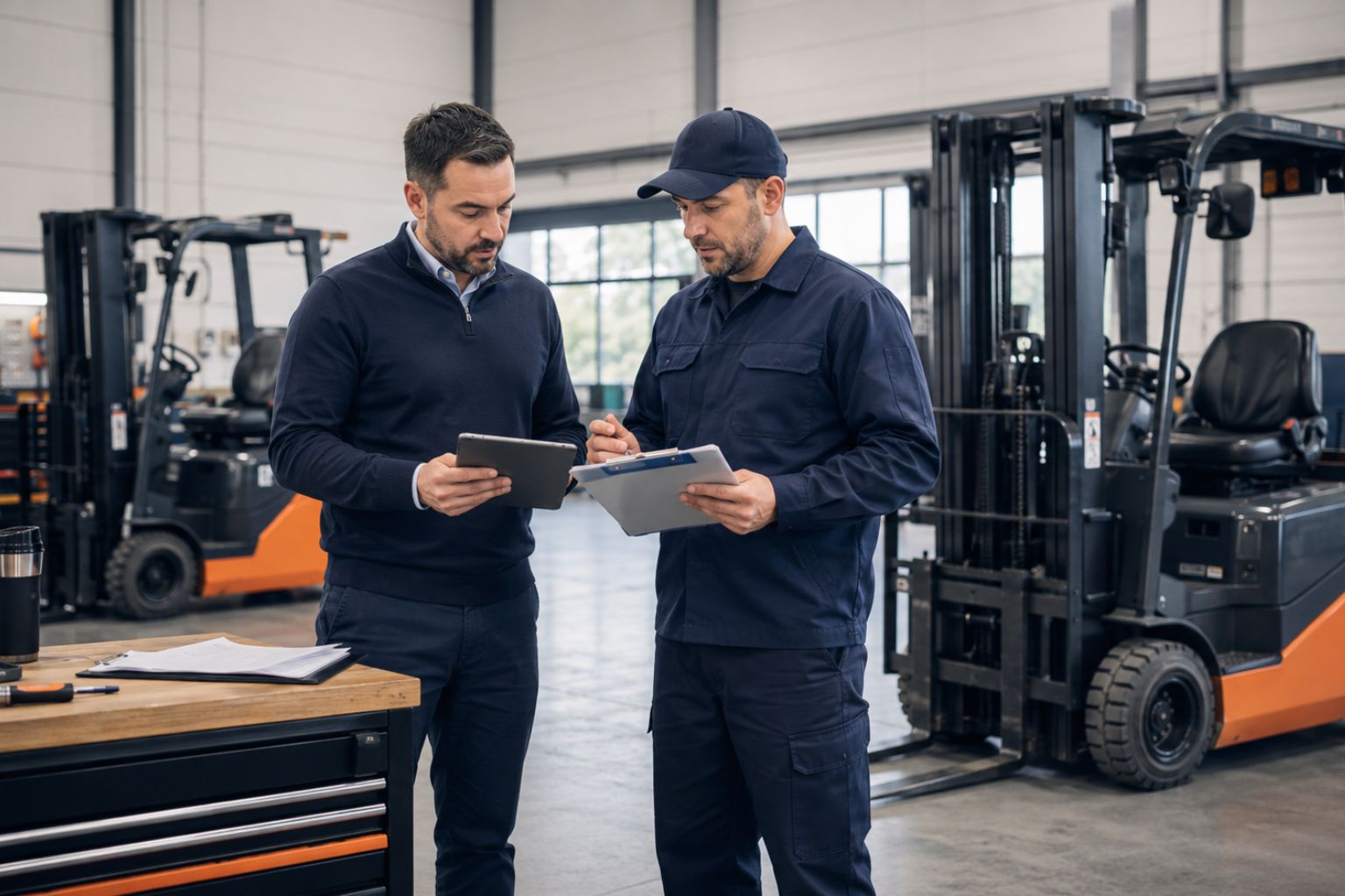 Forklift service technician reviewing maintenance agreement details with a fleet manager inside a warehouse