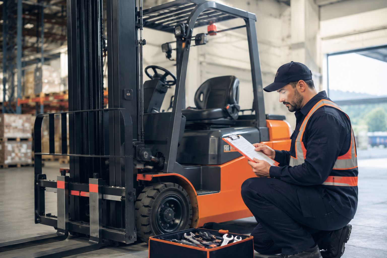 Forklift technician inspecting a warehouse forklift with a clipboard and tools during a planned maintenance visit