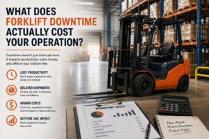Generic forklift downtime cost blog image showing a warehouse forklift, downtime cost report, calculator, and visual callouts for lost productivity, delayed shipments, higher costs, and bottom-line impact