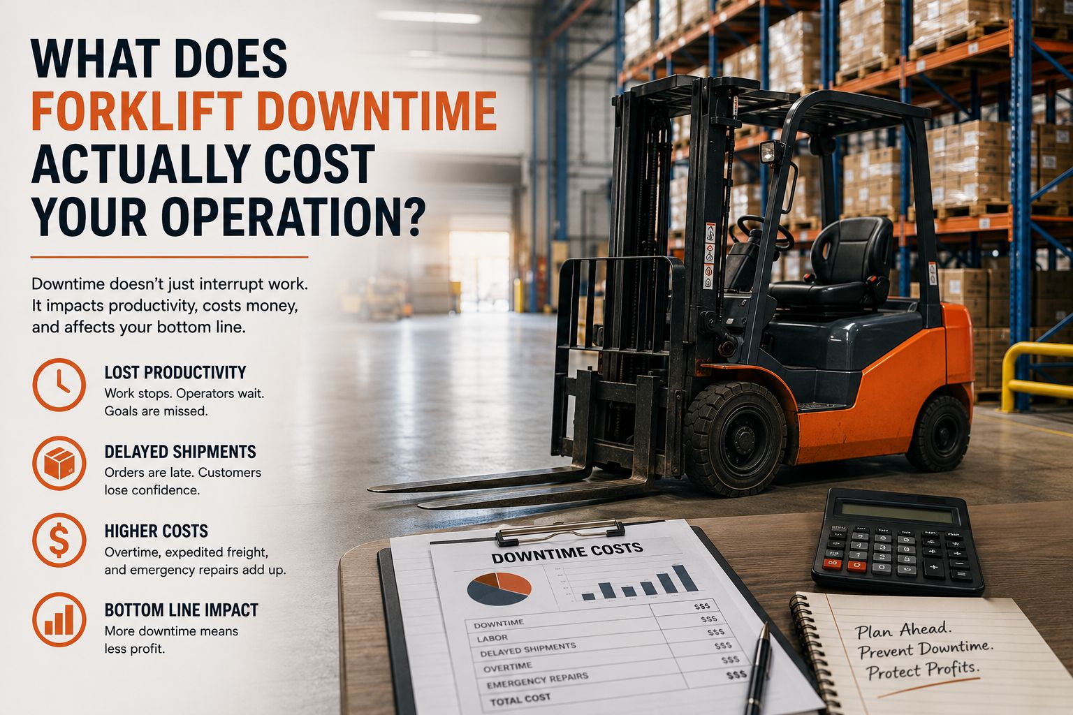 Generic forklift downtime cost blog image showing a warehouse forklift, downtime cost report, calculator, and visual callouts for lost productivity, delayed shipments, higher costs, and bottom-line impact
