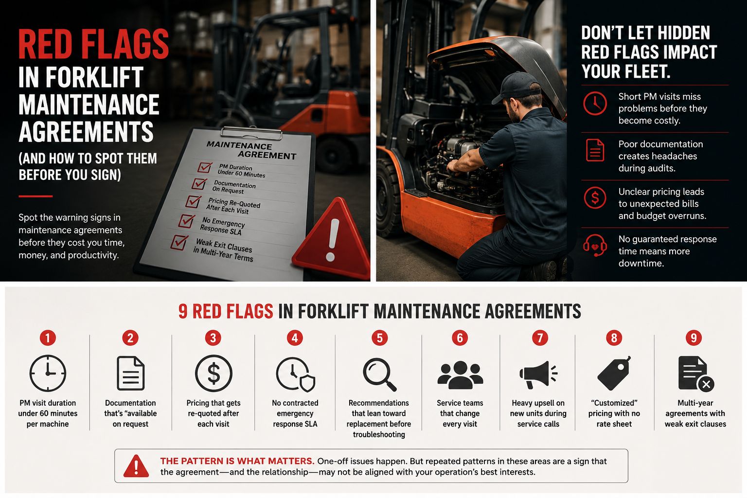 Infographic showing nine red flags in forklift maintenance agreements, including short PM visits, poor documentation, unclear pricing, no emergency response SLA, changing service teams, and weak e