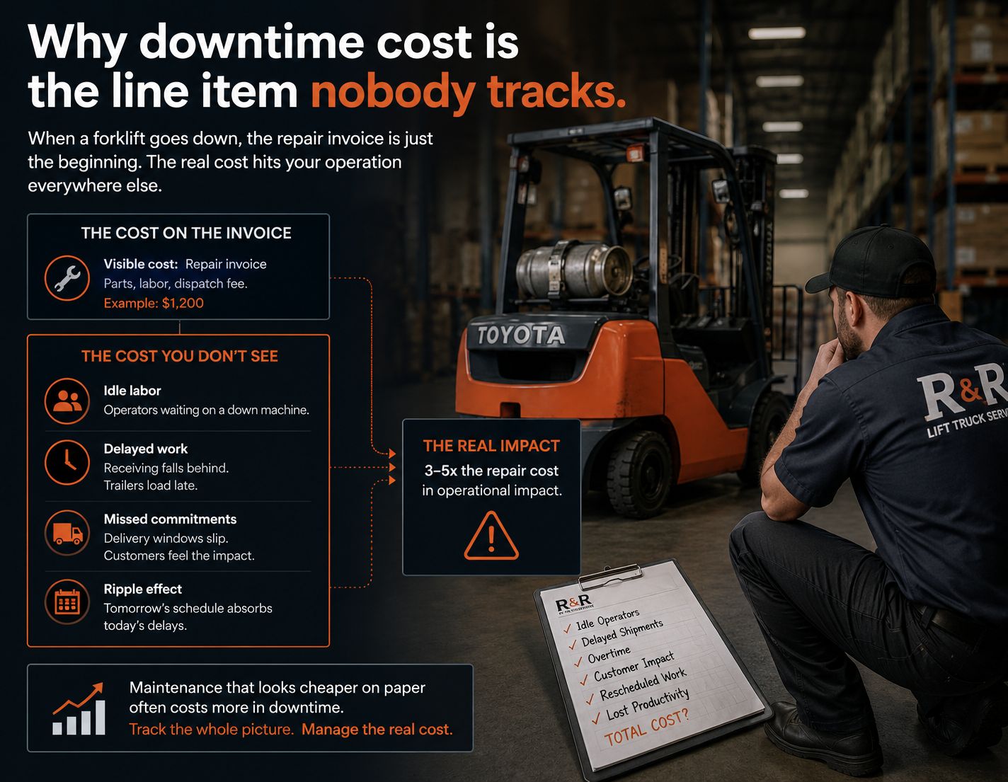 Infographic showing the hidden cost of forklift downtime, with a warehouse forklift, an R&R technician, and visual callouts explaining that repair invoices are only part of the total operational cost