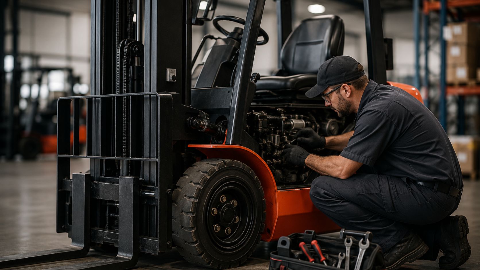 Mechanic working on forklift in warehouse