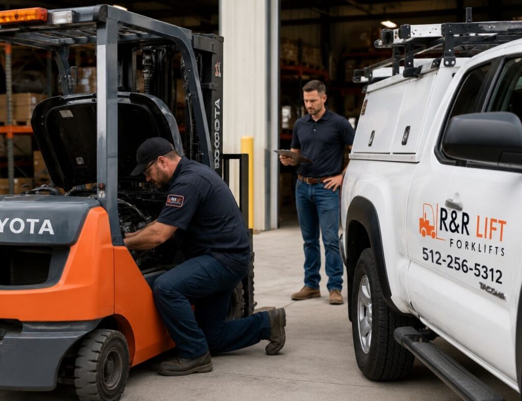 R&R Lift technician repairing a Toyota forklift near a service truck while a fleet manager reviews the work