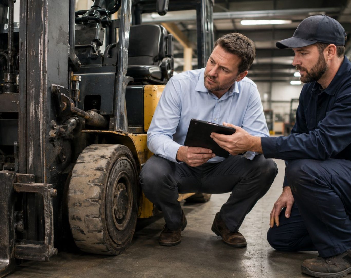 Fleet manager and forklift technician inspecting a worn warehouse forklift during a maintenance agreement review