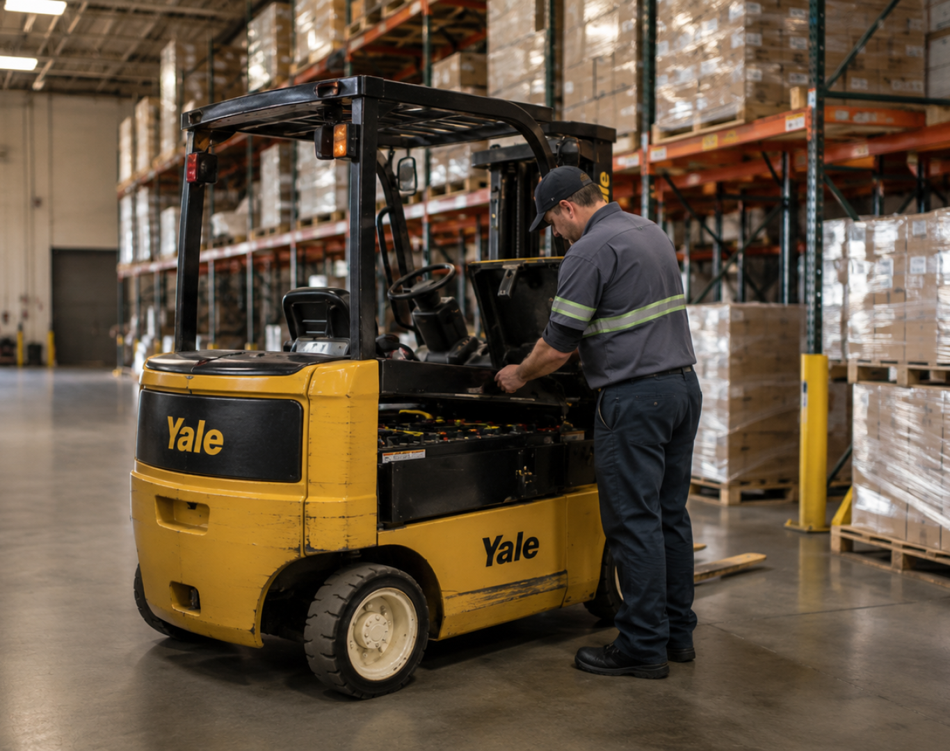 Forklift maintenance in industrial warehouse