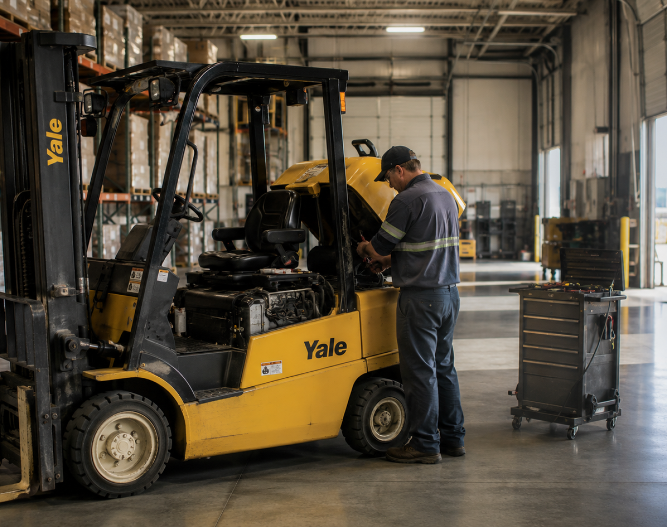 Forklift maintenance inside industrial warehouse