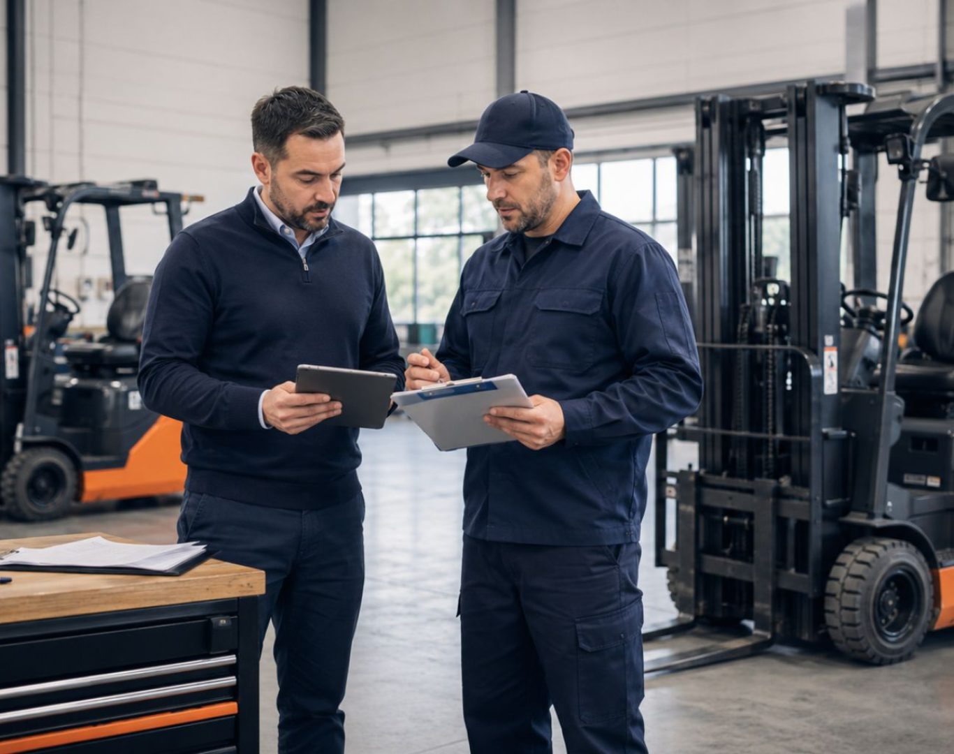 Forklift service technician reviewing maintenance agreement details with a fleet manager inside a warehouse