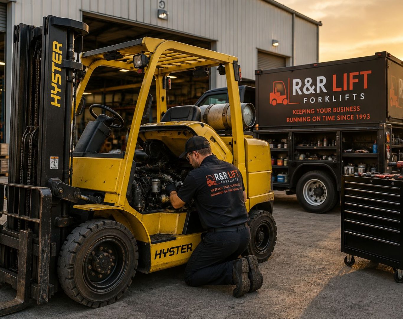 Hyster forklift being repaired by an R&R Lift technician beside a branded service truck and tool chest in an industrial yard