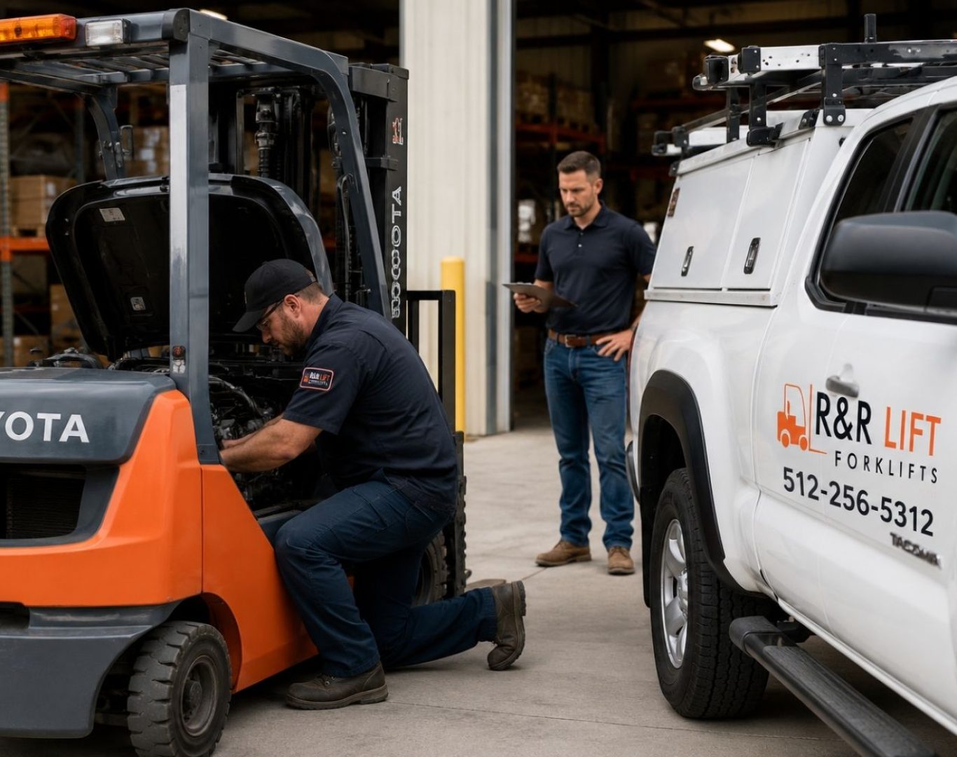 R&R Lift technician repairing a Toyota forklift near a service truck while a fleet manager reviews the work