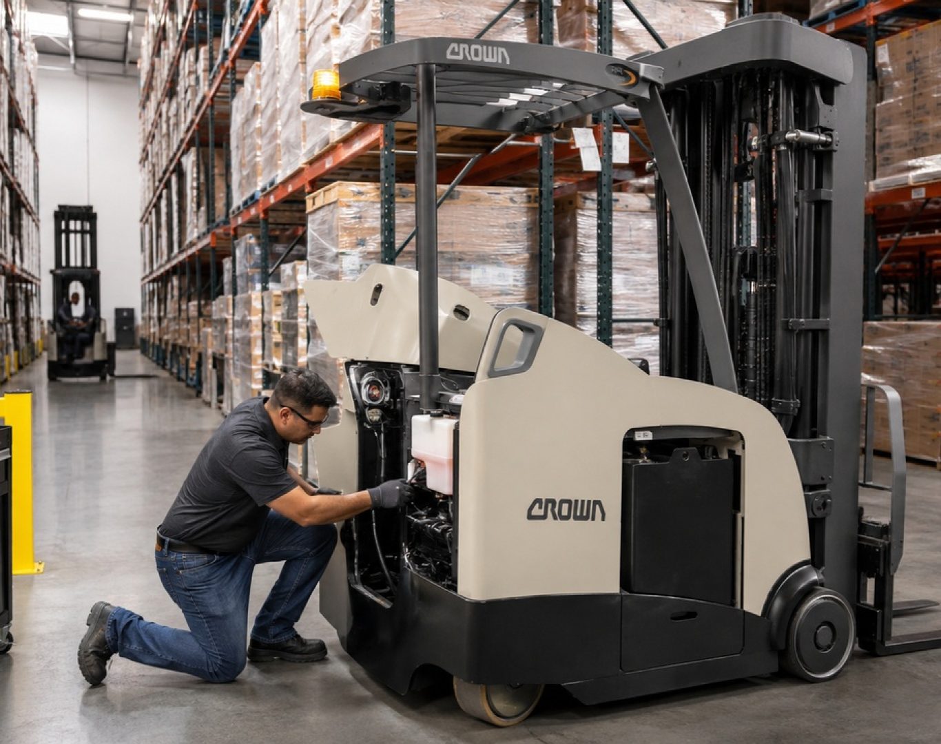 Crown forklift being serviced by a technician inside a high-density warehouse distribution facility