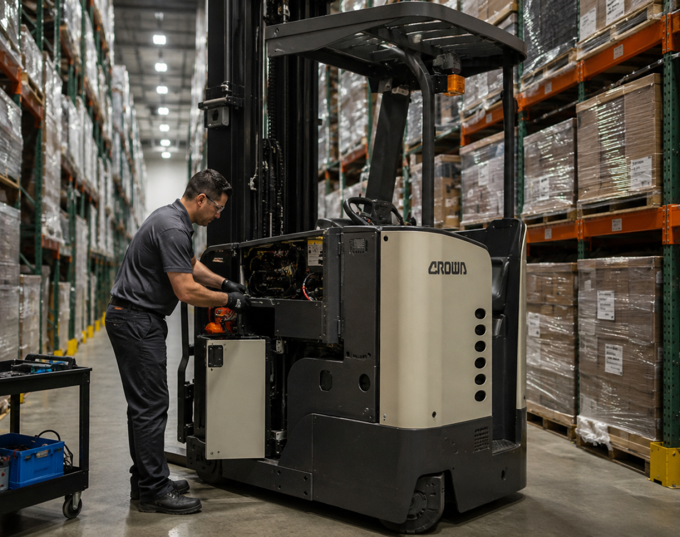 Technician inspecting a Crown electric reach truck during scheduled preventative maintenance in a narrow-aisle warehouse