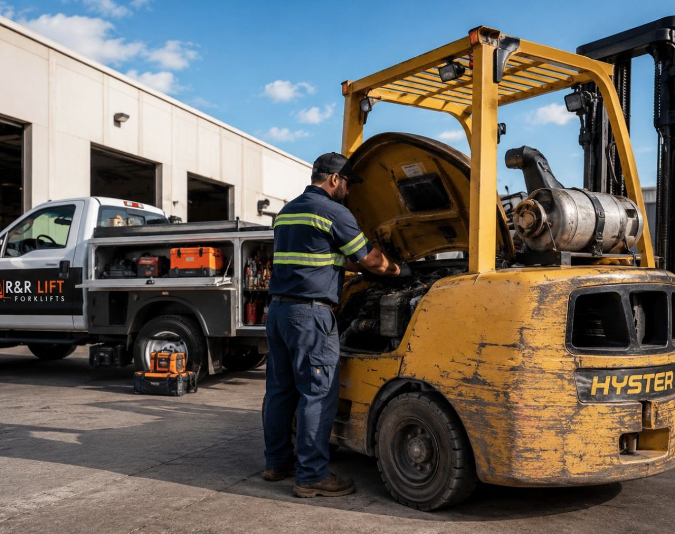 Technician standing beside a Hyster forklift with the hood open during outdoor industrial maintenance near an R&R Lift service truck